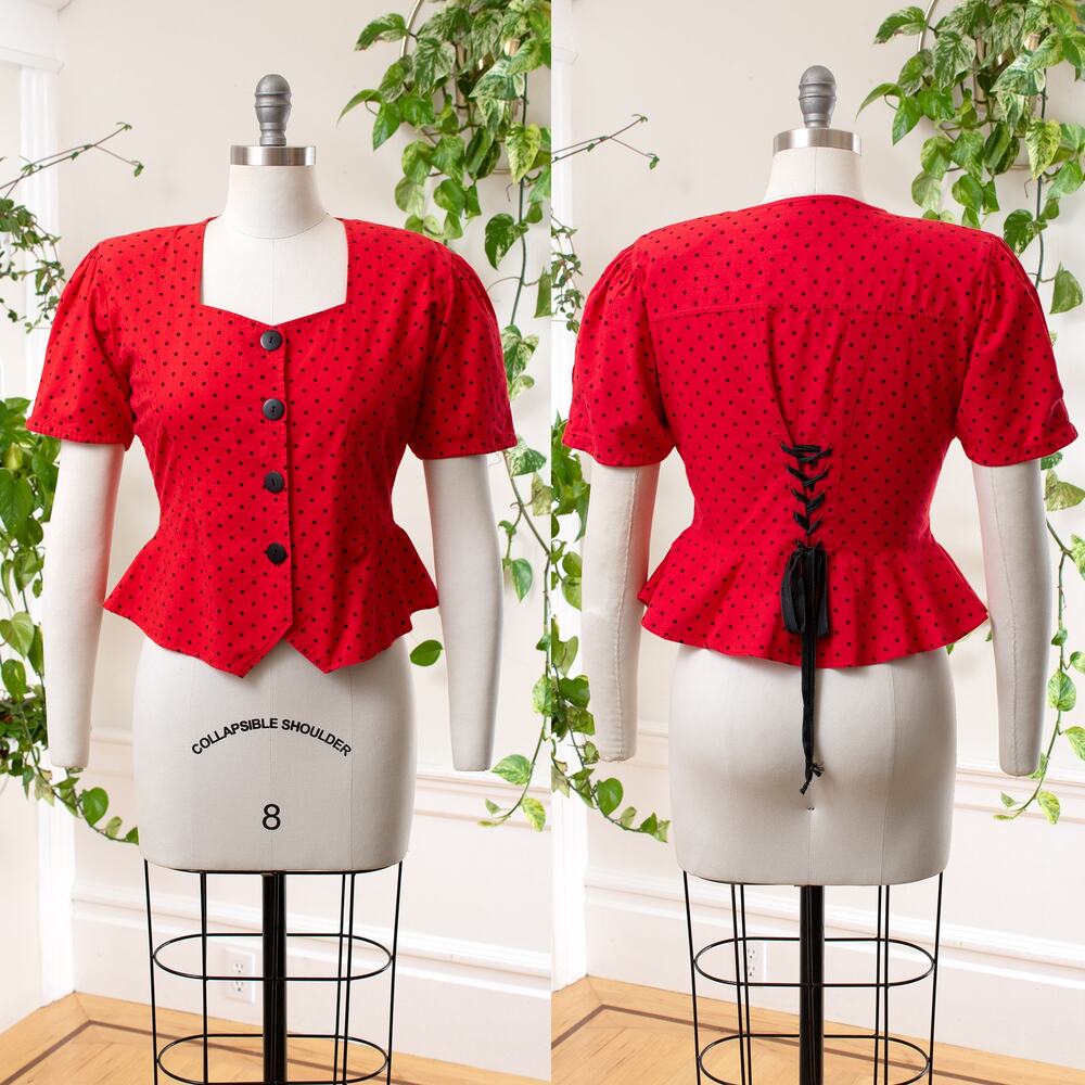Vintage 1990s 90s Lace-Up Polka Dot Peplum Blouse Corset Red Cotton Crop Top